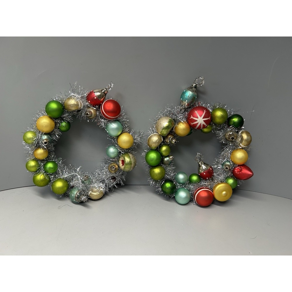 VTG Tinsel Christmas Wreath Silver w/ Mercury Glass Ornaments MCM Small 6" (x2)